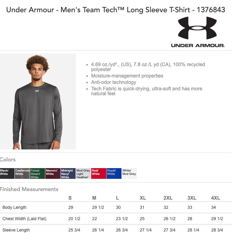 Cambridge Under Armour Men's Team Tech™ Long Sleeve T-Shirt - WHITE