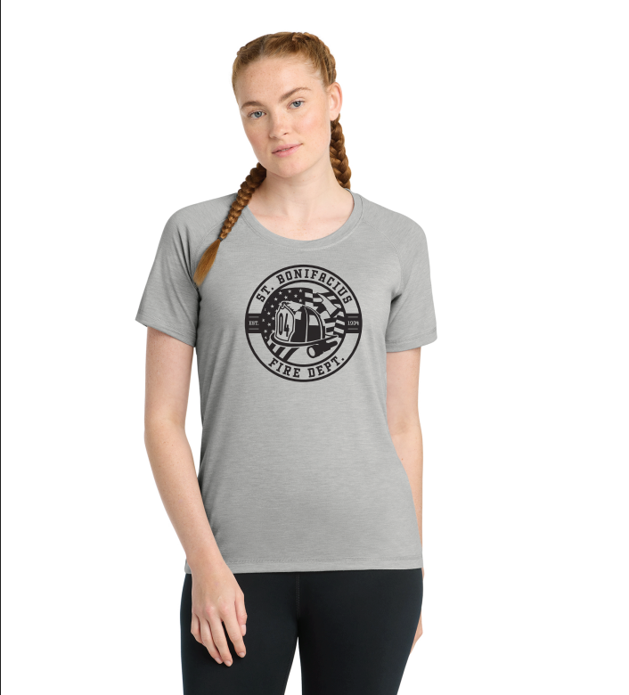 St. Bonifacius Fire Sport-Tek® Women's PosiCharge® Scoop Neck Raglan Tee - HEATHER GREY