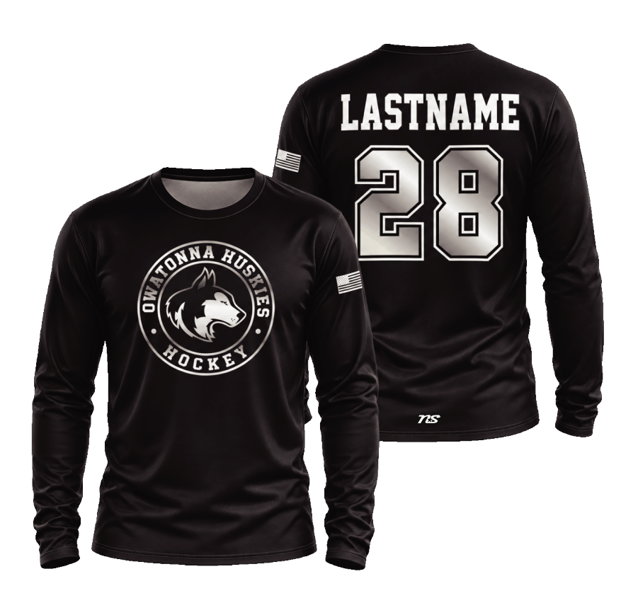 Owatonna Hockey Sublimated Hooded Long Sleeve Shirt - BLACK