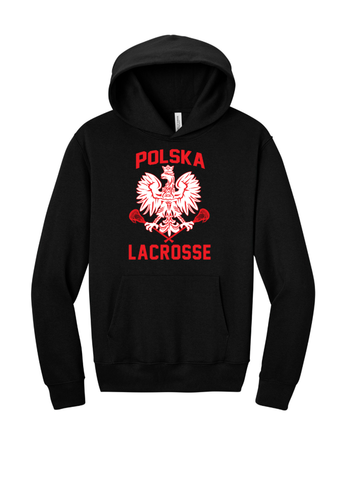 Poland Lacrosse BELLA+CANVAS® Unisex 10-Ounce Heavyweight Pullover Hoodie - BLACK WITH RED LOGO